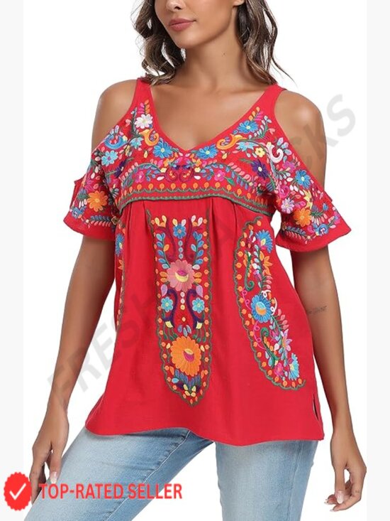 Tops - Mexican Embroidered Tunic Cold Shoulder V-Neck Boho Chic Summer Blouse